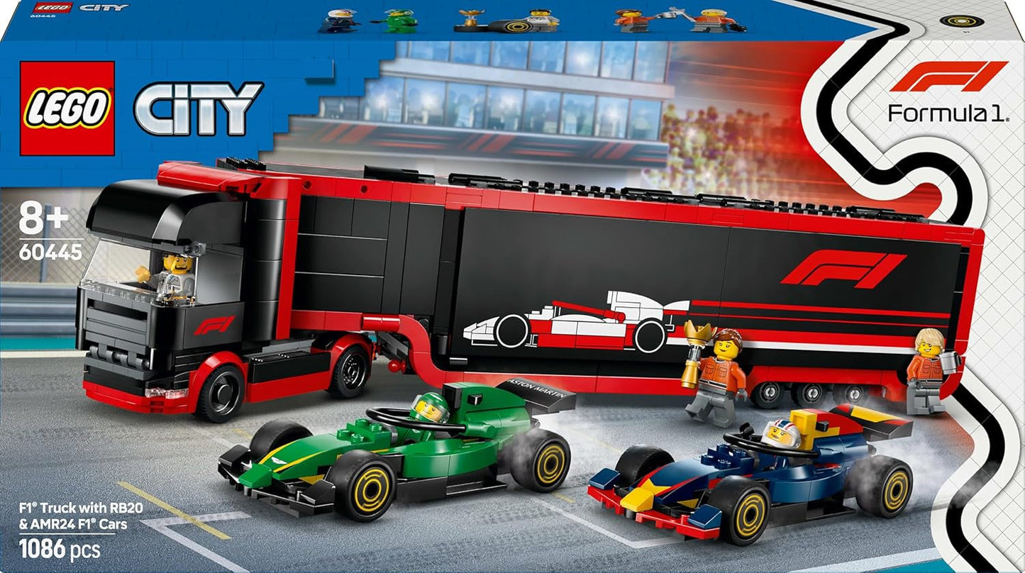 LEGO City F1 Transporter met RB20 & AMR24 F1 Racewagens - Speelgoedautotransporter voor Red Bull & Aston Martin Formule 1 Teams - Incl. 5 minifiguren - Cadeau voor jongens en meisjes vanaf 8 jaar 60445 Bouwsets Besuche den LEGO-Store