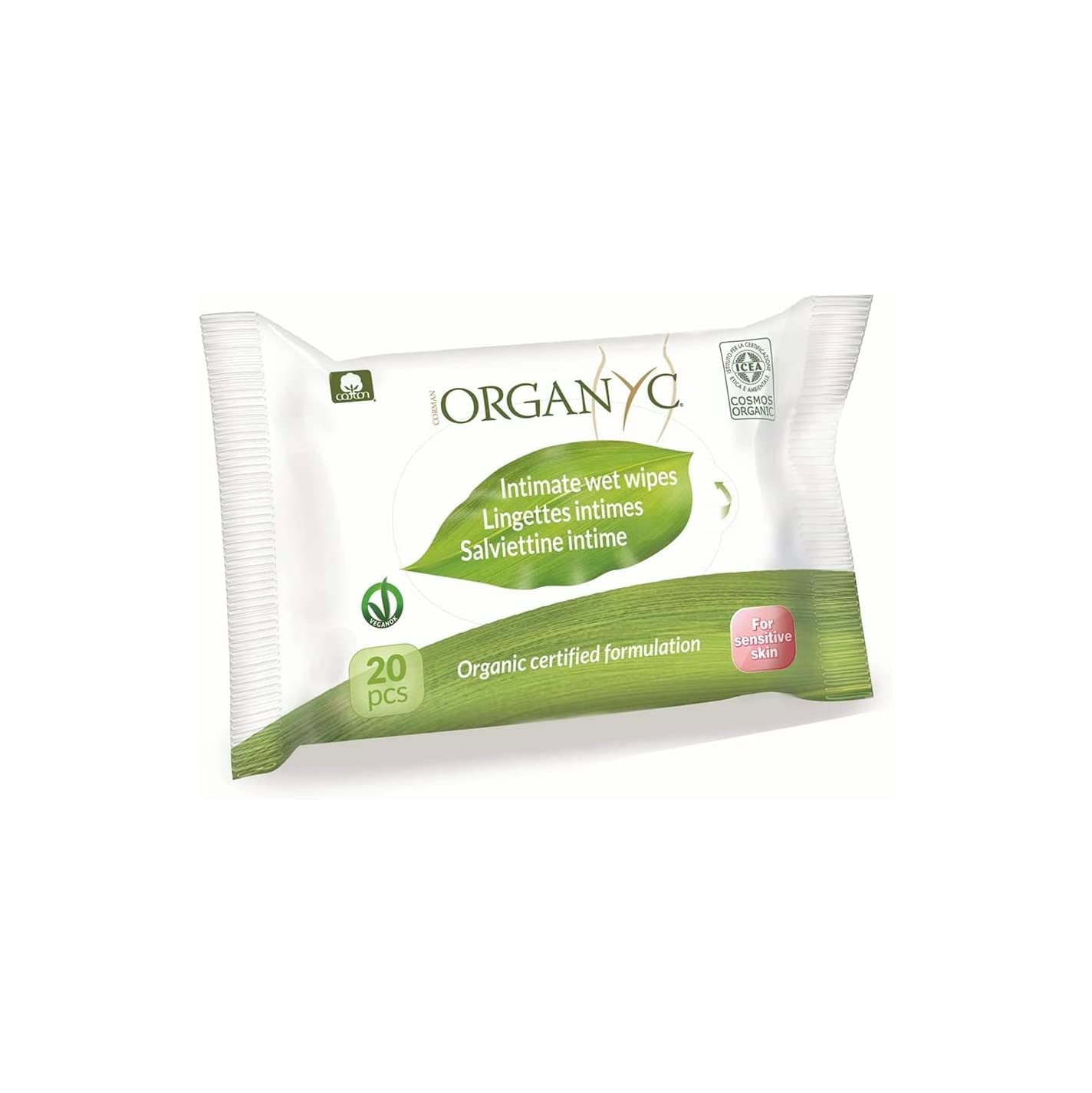 Organyc vochtige intieme doekjes, gemaakt van 100% gecertificeerd biologisch katoen - 4 verpakkingen van 20 doekjes (totaal 80 doekjes)