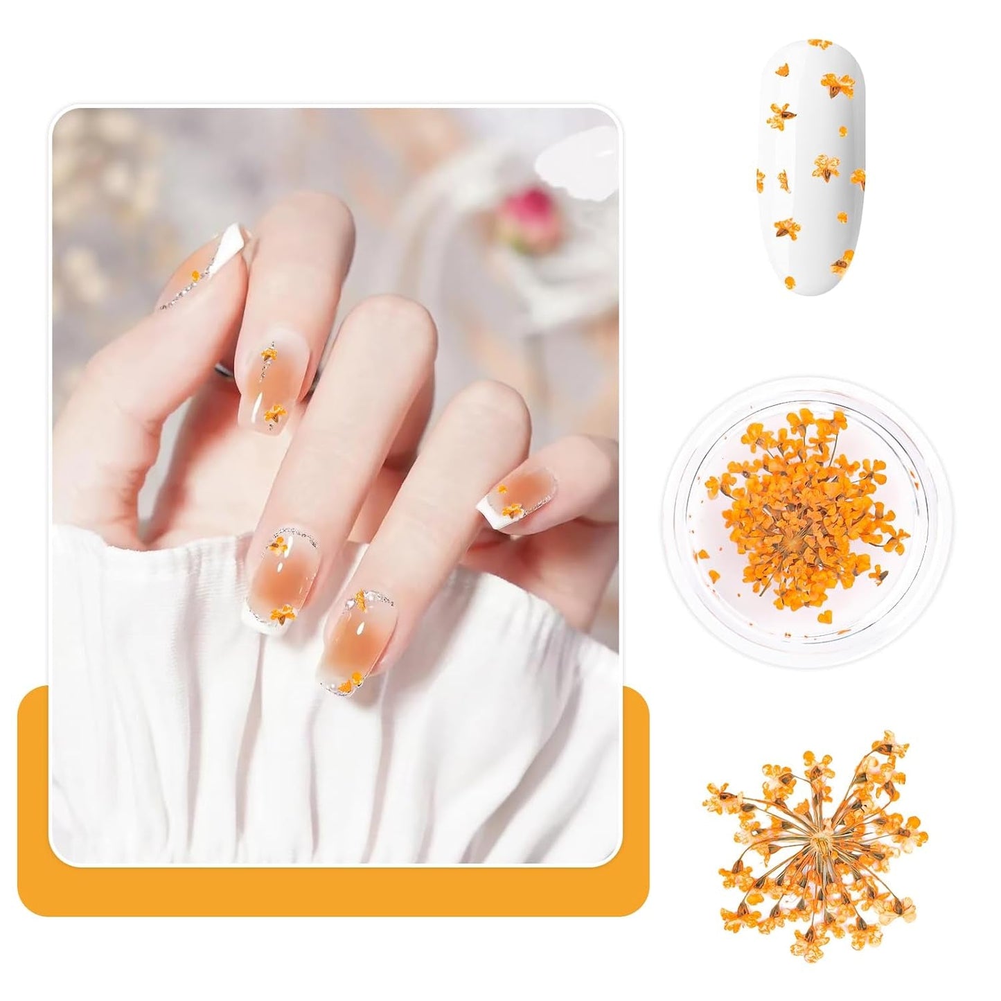 Nail Art Bloemen Set Decoratie - Gelnagels 3 kleuren (Oranje, Blassrosa, Roos), Nail Art Aufkleber Trockene Blumen Kit Getrocknete Blumen Zubehör Set DIY Nageldecoratie