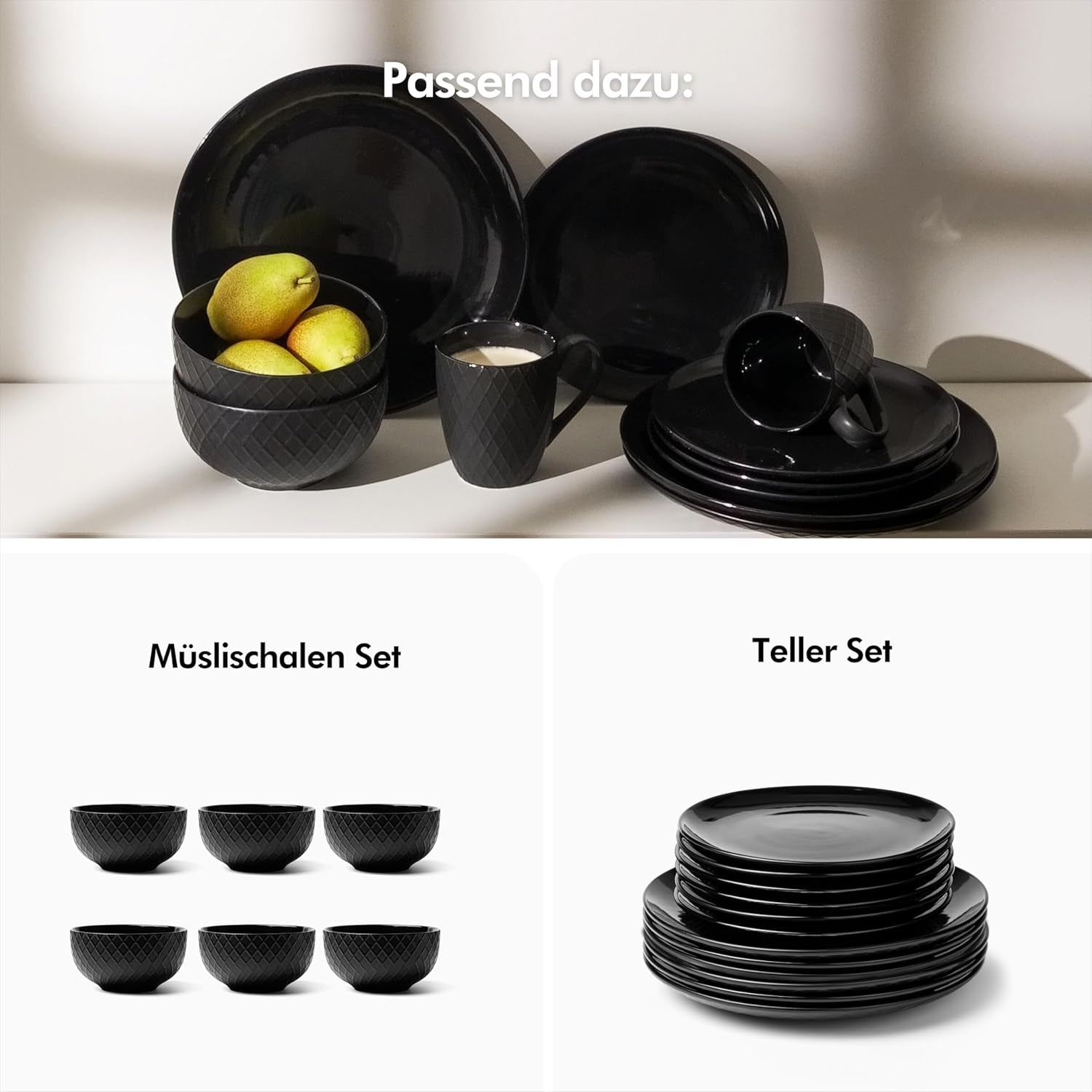 KIVY Geschirrset 6 Personen[Kratz & Spülmaschinenfest] 6x27cm + 6x22cm - Tellerset 12-teilig modern - Geschirrset - Kombiservice - Geschirrset - Tellerset Schwarz - Teller Schwarz Matt