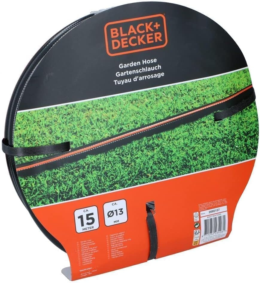 BLACK+DECKER Tuinslang 15 meter - Ø13MM - Duurzaam PVC - Tuin besproeien, auto wassen, zwembad vullen - Compatibel met elke standaard kraan - Zwart/Oranje