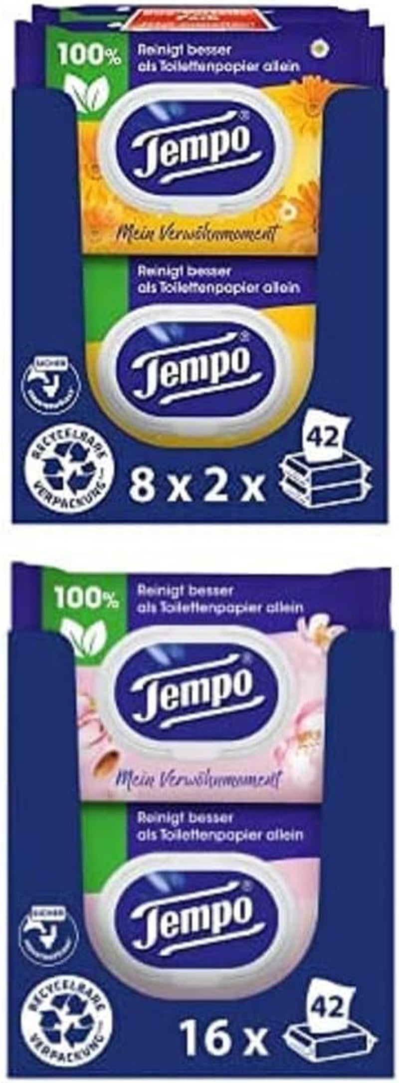 Pakje Tempo Moist My Pampering Moment Calendula Toiletdoekjes (16 stuks) en Tempo Moist Toiletdoekjes Amandelmelk & Panthenol (16 stuks)