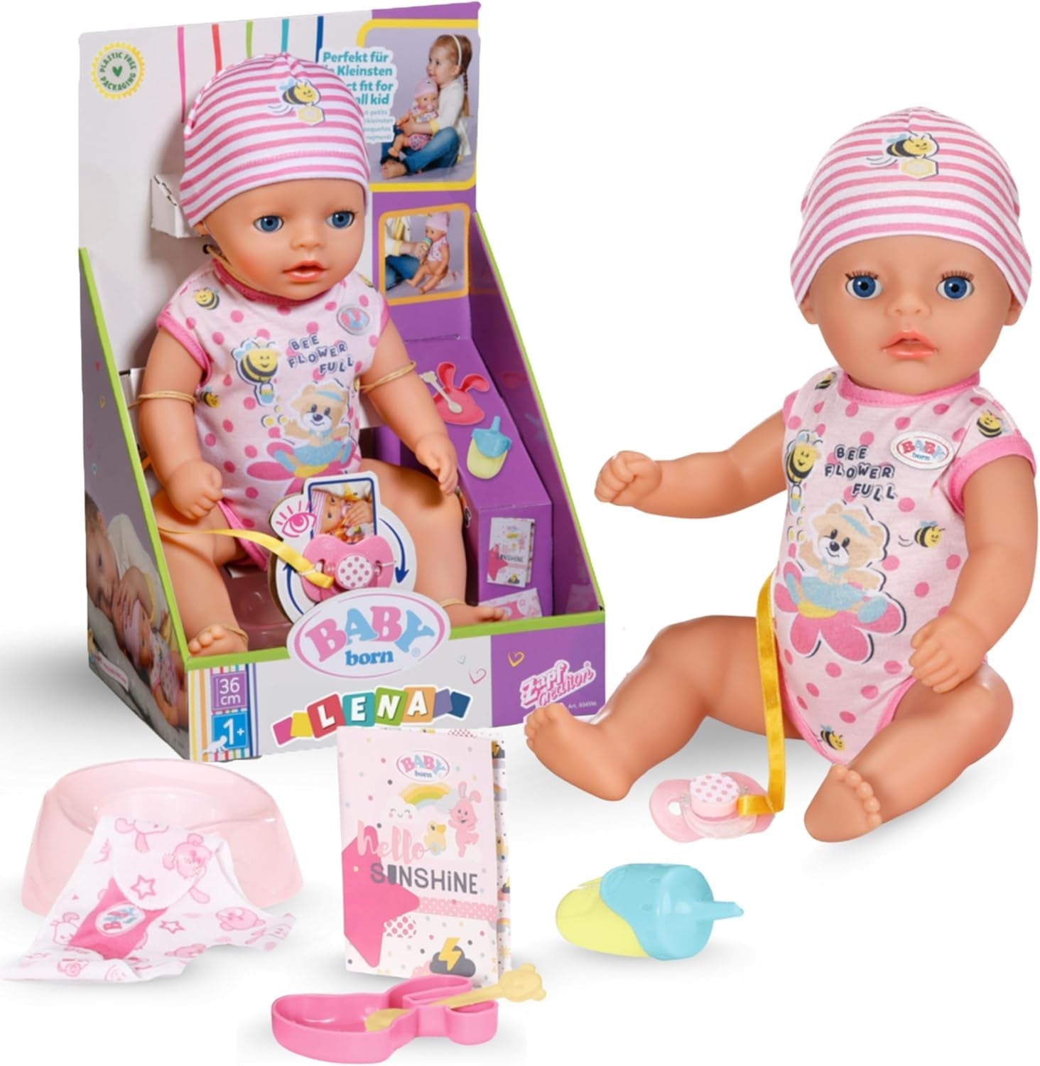 Baby Born Lena babypop (Meisje) - 36 cm - 7 functies, inclusief accessoires en matras - Werkt geheel zonder batterijen - Geschikt voor kleine kinderen vanaf 1 jaar