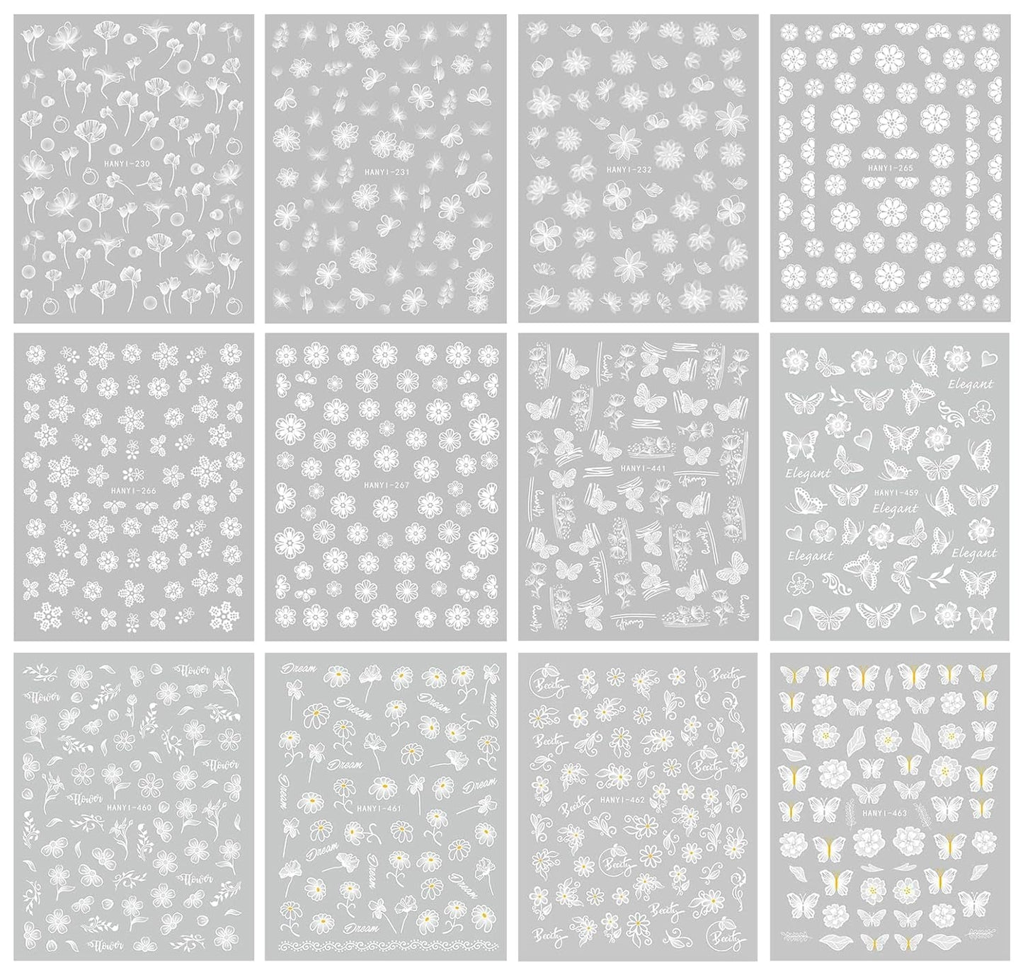JMEOWIO Nagelsticker Frühlings Weiß Blume 12 Blatt Nail Art Sticker Selbstklebend Nagelaufkleber Sommer Schmetterling Blumen Blatt Dekoration Nageldesign Zubehör