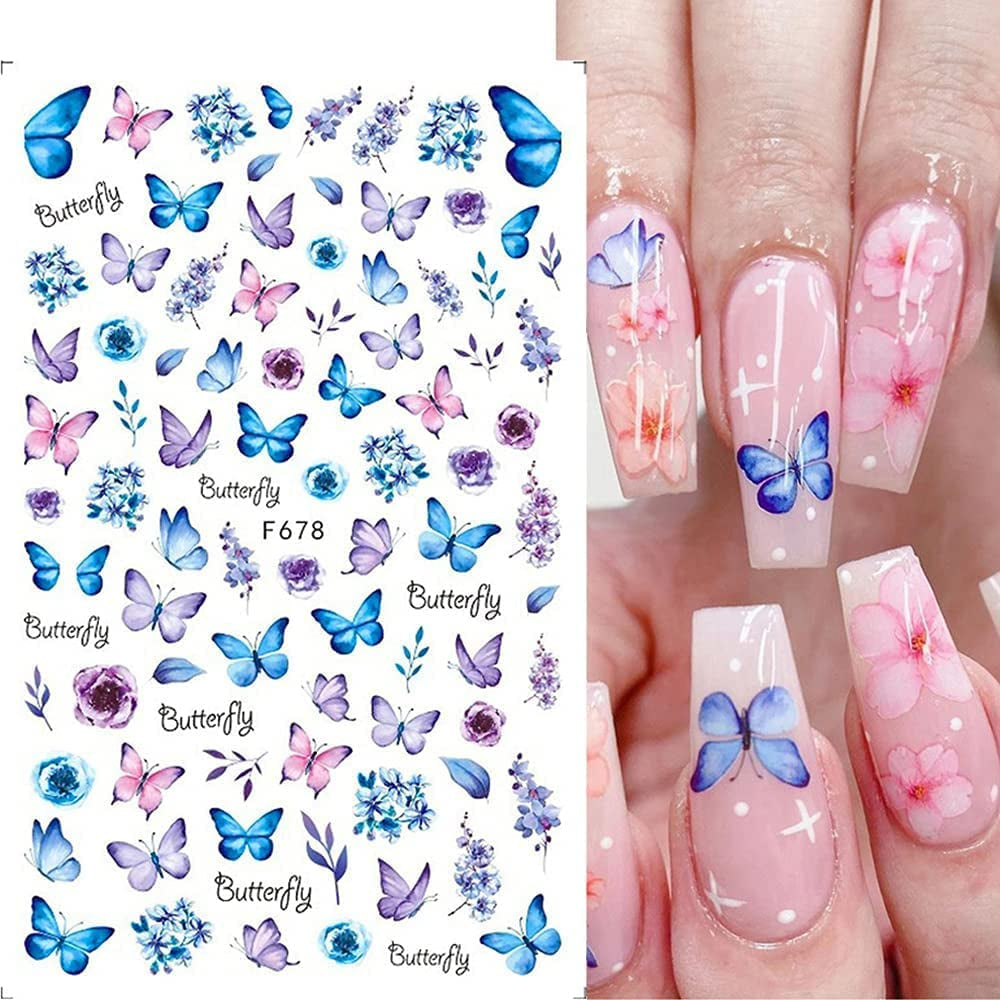 JMEOWIO Nagelsticker Schmetterling 8 Blätter Nagelaufkleber Selbstklebend Blau Schwarz Gold Schmetterling Nail Art Decoratie Nagel Design Zubehör
