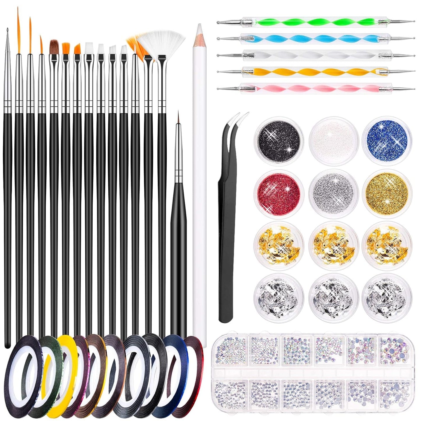 MELLIEX 45 Stück Nail Art Decoratie Zubehör Set, Nägel Pinsel Strasssteine ​​Glitzer Goldfolie Nageldesign Dotted Pen Streifenband Für Nagelkunst Maniküre Set