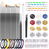 MELLIEX 45 Stück Nail Art Decoratie Zubehör Set, Nägel Pinsel Strasssteine ​​Glitzer Goldfolie Nageldesign Dotted Pen Streifenband Für Nagelkunst Maniküre Set