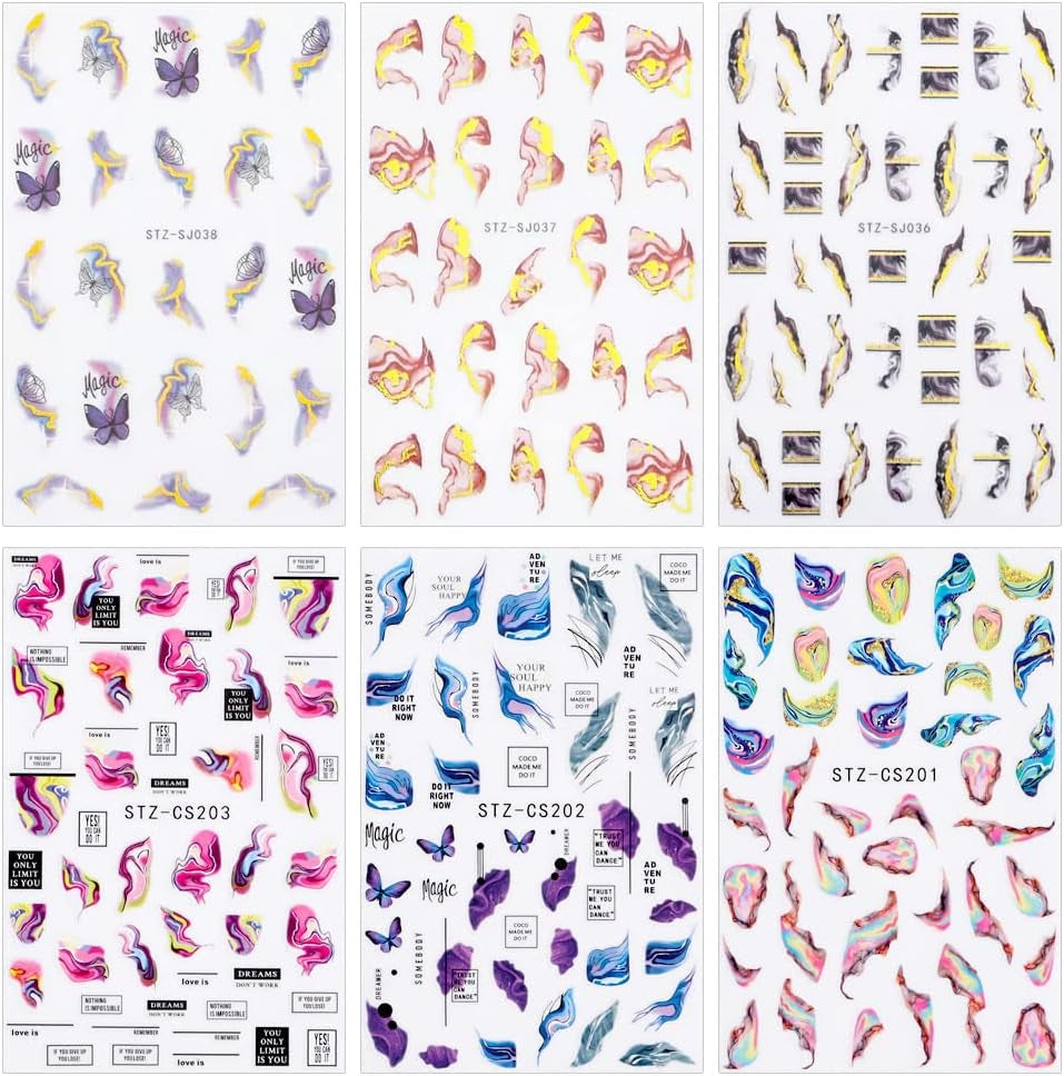 6 Blatt 3D Lila Schmetterling Nagelstickers Selbstklebend Nagelaufkleber Schmetterlinge Nagelsticker Bunte Blühen Marmor Nagelstickers Regenbogen Welle Linien Nail Art Aufkleber Nageldesign Zubehör