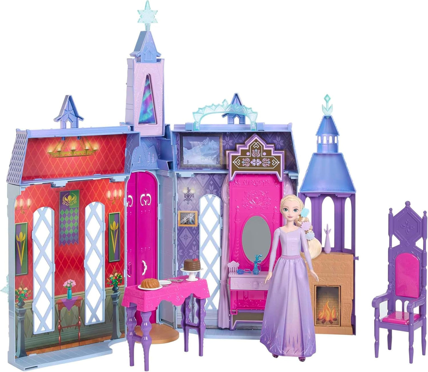 Mattel Disney Frozen - Kasteel Arendelle poppenhuis (60 cm+) met Elsa pop, 4 speeltuinen en 15 Disney Frozen II meubels en accessoires, HLW61