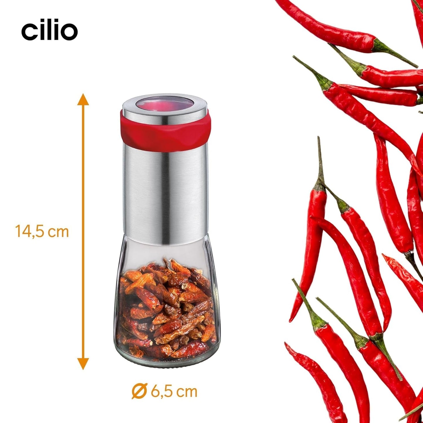 Cilio PICCANTE hete pepermolen, Ø 6,5 cm, H: 14,5 cm, met afsluitdeksel Molens en Snijmachines Naty Shop
