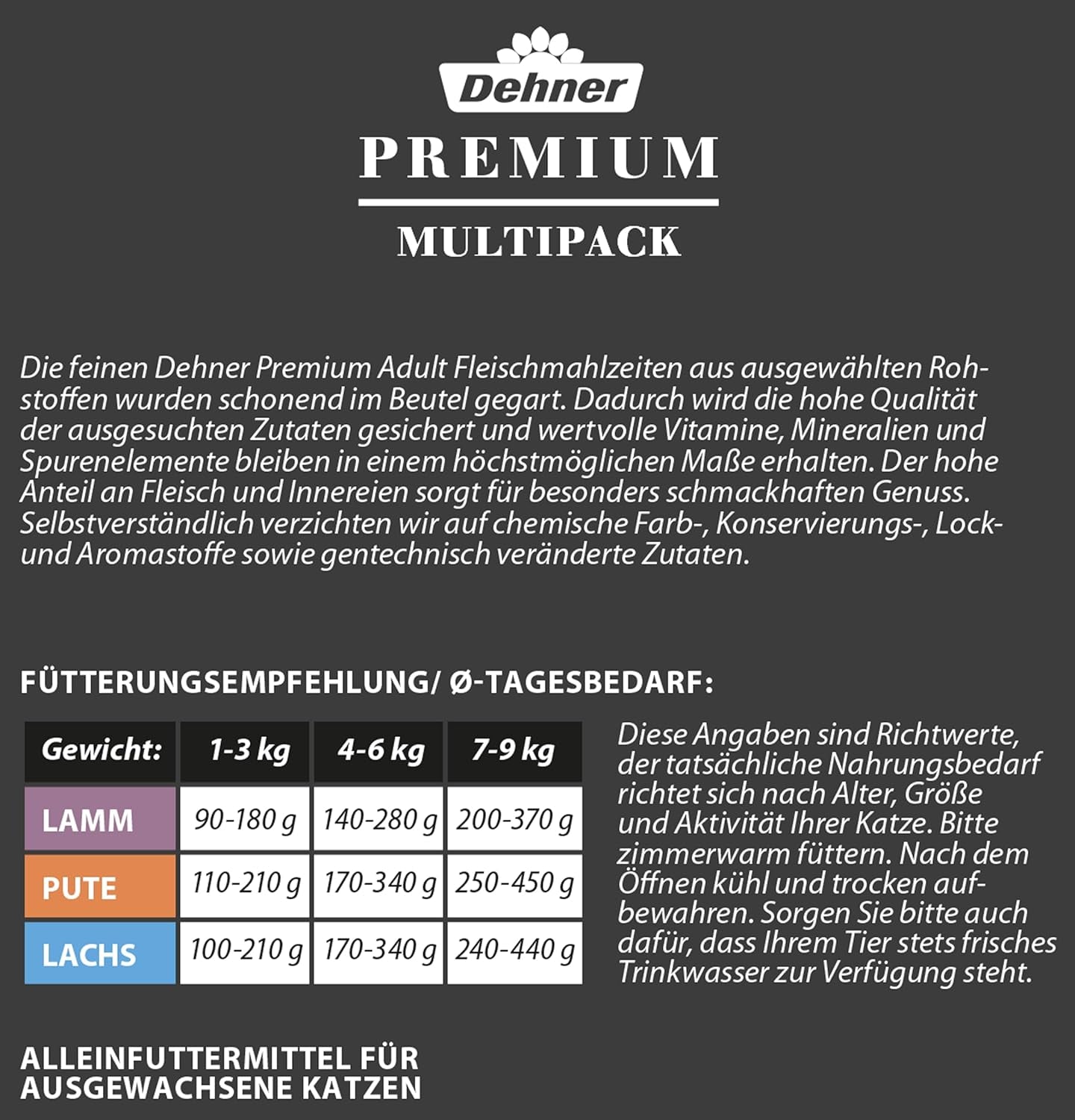 Dehner Premium natvoer voor katten, multipack, volwassen katten, elk 4 stuks: lamsvlees / kalkoen / zalm, 12 zakken x 100 g (1,2 kg)