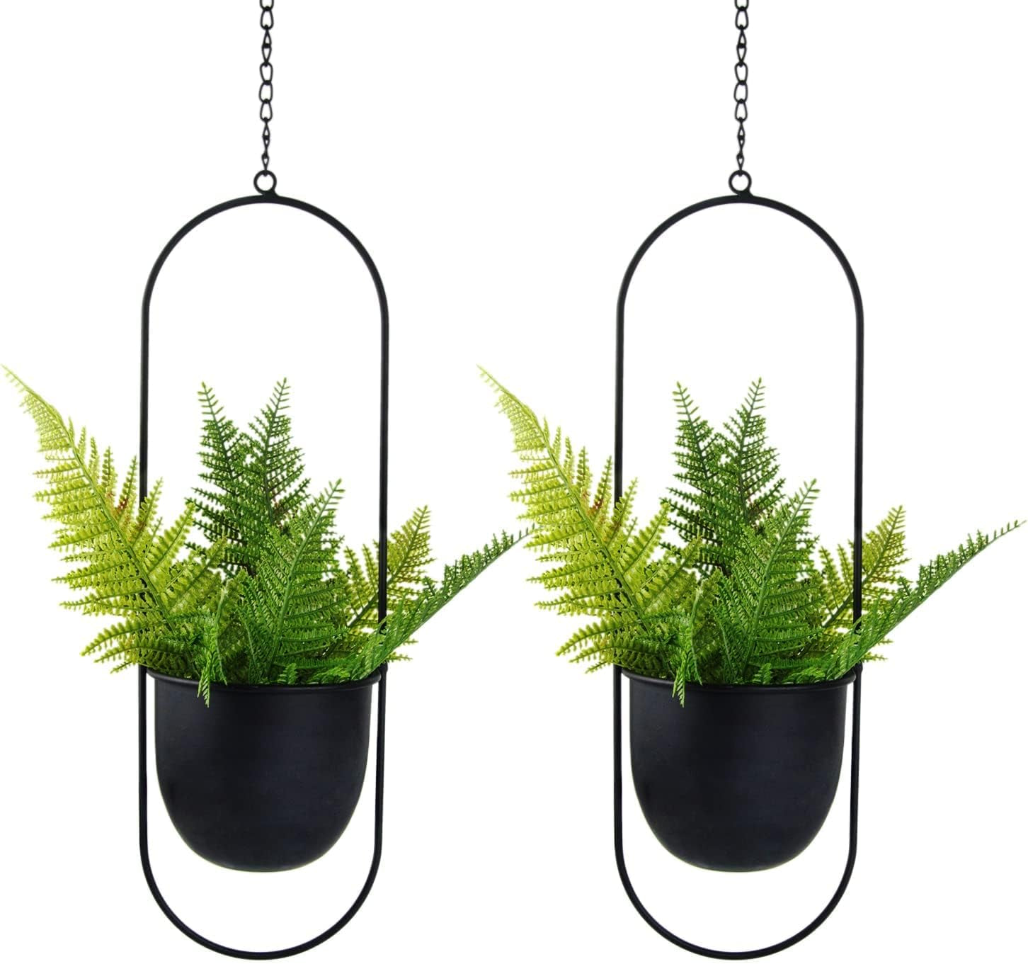 Hangende metalen bloempotten, 2 stuks, zwarte ovale geometrische plantenhanger met potten, moderne wand- en plafondplantenbak, binnen buiten, 15,2 cm, bloempotten, 2 stuks