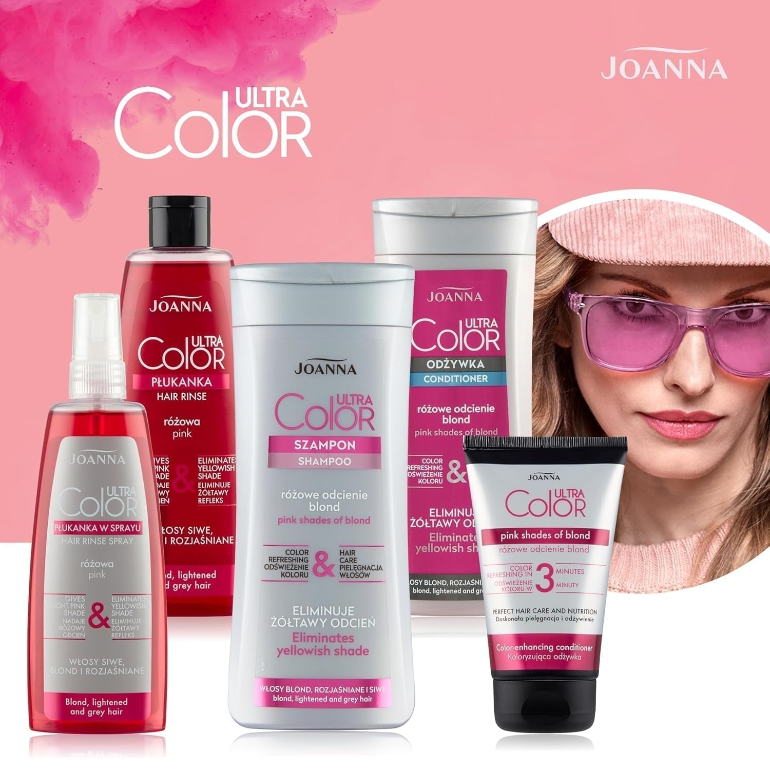 Joanna Ultra Color - Roze kleurconditioner voor blond en licht haar - Pastelroze - Natuurlijke glans - Verwijdert de gele tint uit grijsblond haar - Tijdelijke werking - 150 ml Haarverf Naty Shop
