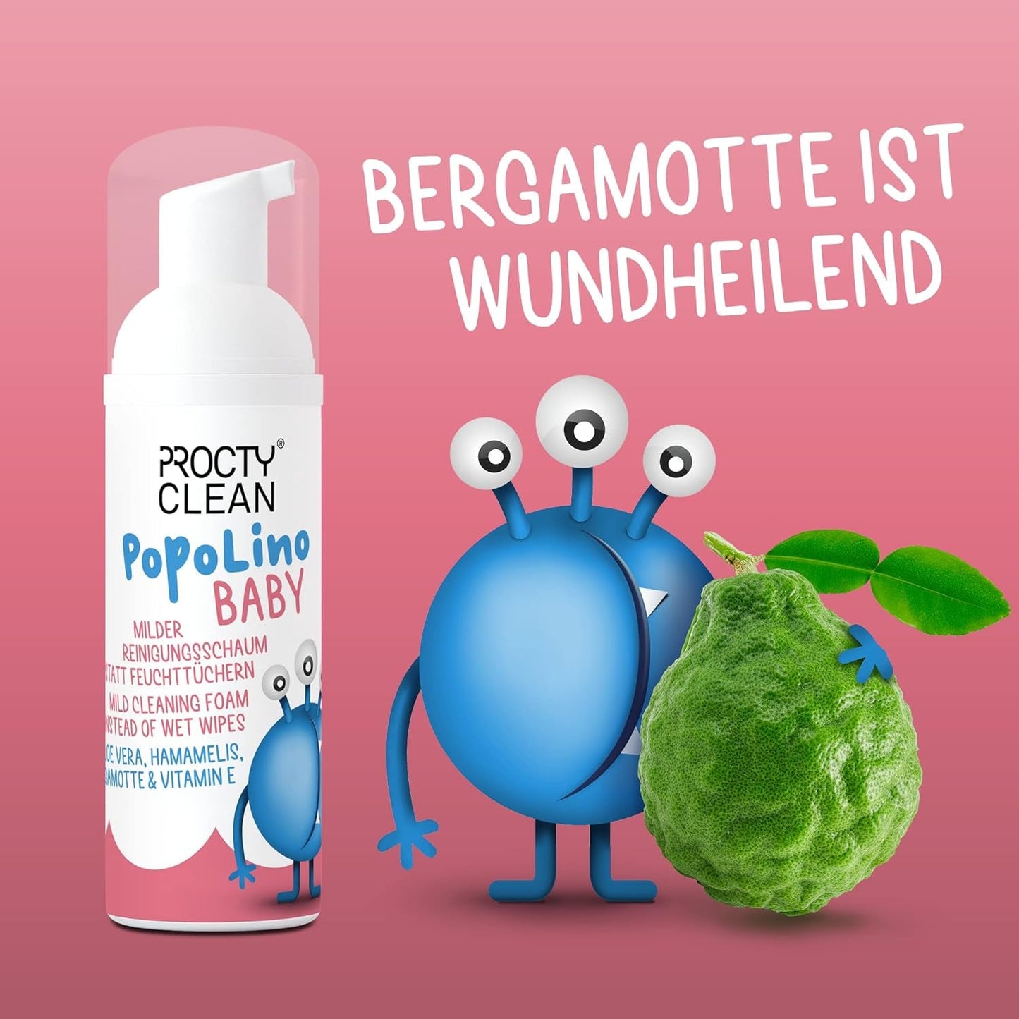 PopoLino Baby zachte bodemschuim in plaats van natte babydoekjes. Veganistisch en natuurlijk cosmetisch reinigingsschuim! Bodemschuim met aloë vera, toverhazelaar, bergamot en vitamine E. Maakt de billen en het milieu blij.