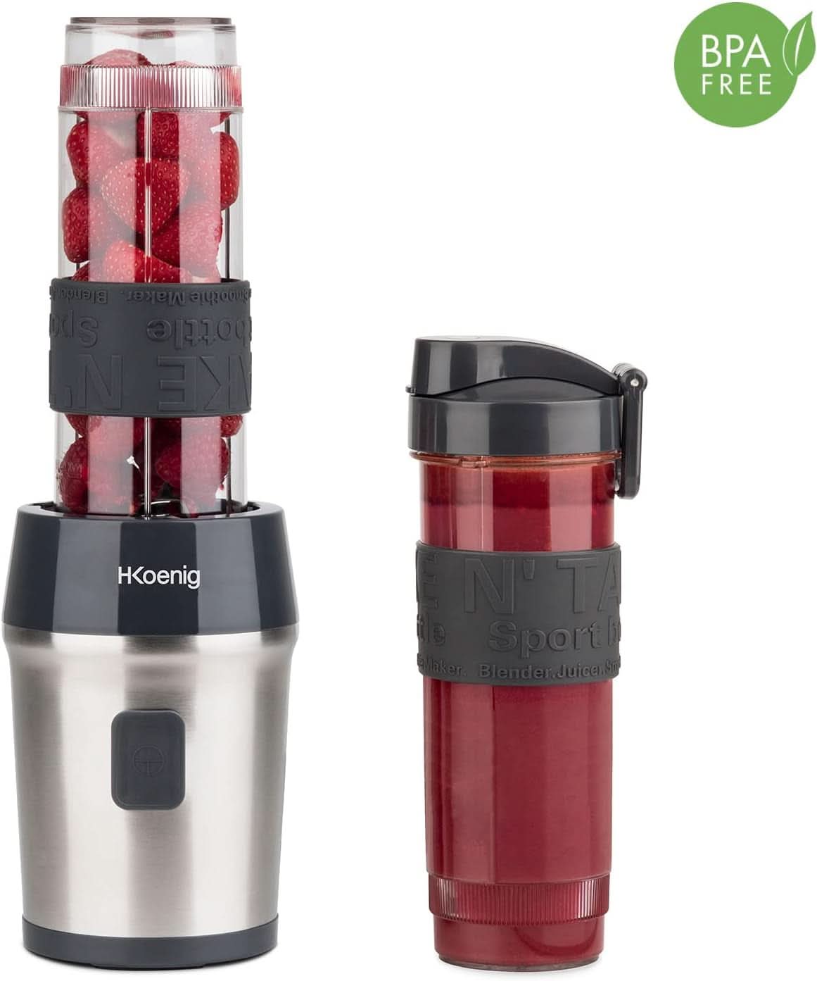 H.Koenig Smoothie Maker SMOO9 - Mini Standmixer - Mini Blender - 300 Watt - 570 Ml - Edelstahl - 2 Kunststofflesjes - Bpa-vrij, Grau Kitchen Naty Shop