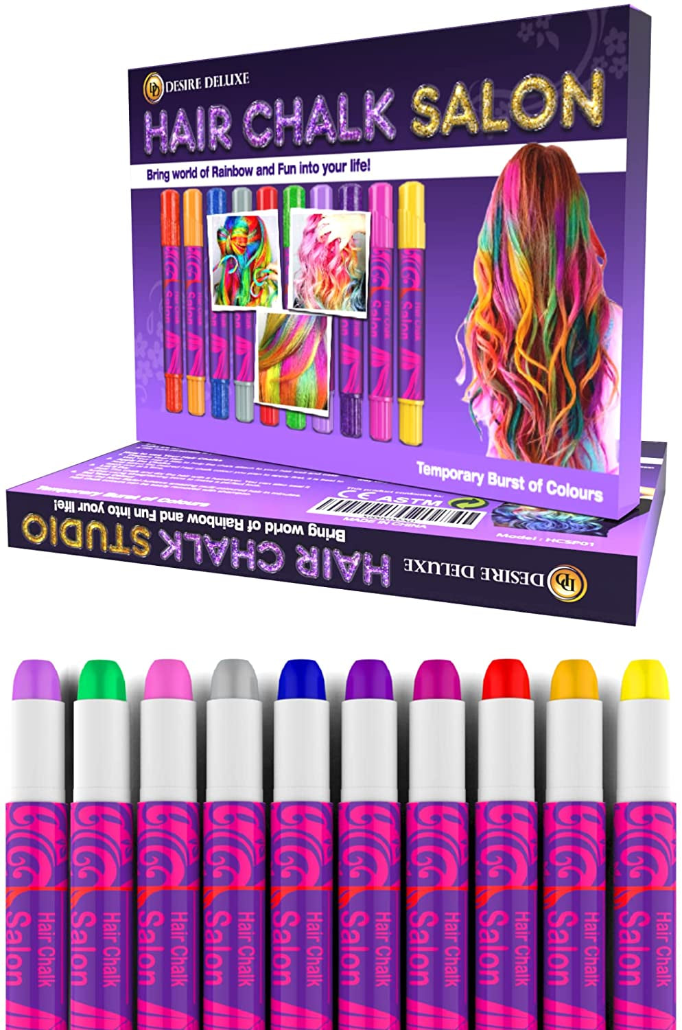 Desire Deluxe haarkrijtcadeaus voor meisjes, haarkrijt voor haarkleurspeelgoed voor Kerstmis, 10 wasbare haarverfpennen voor carnaval, 3 4 5 6 7 8 9 11 jaar oude haarverf Naty Shop