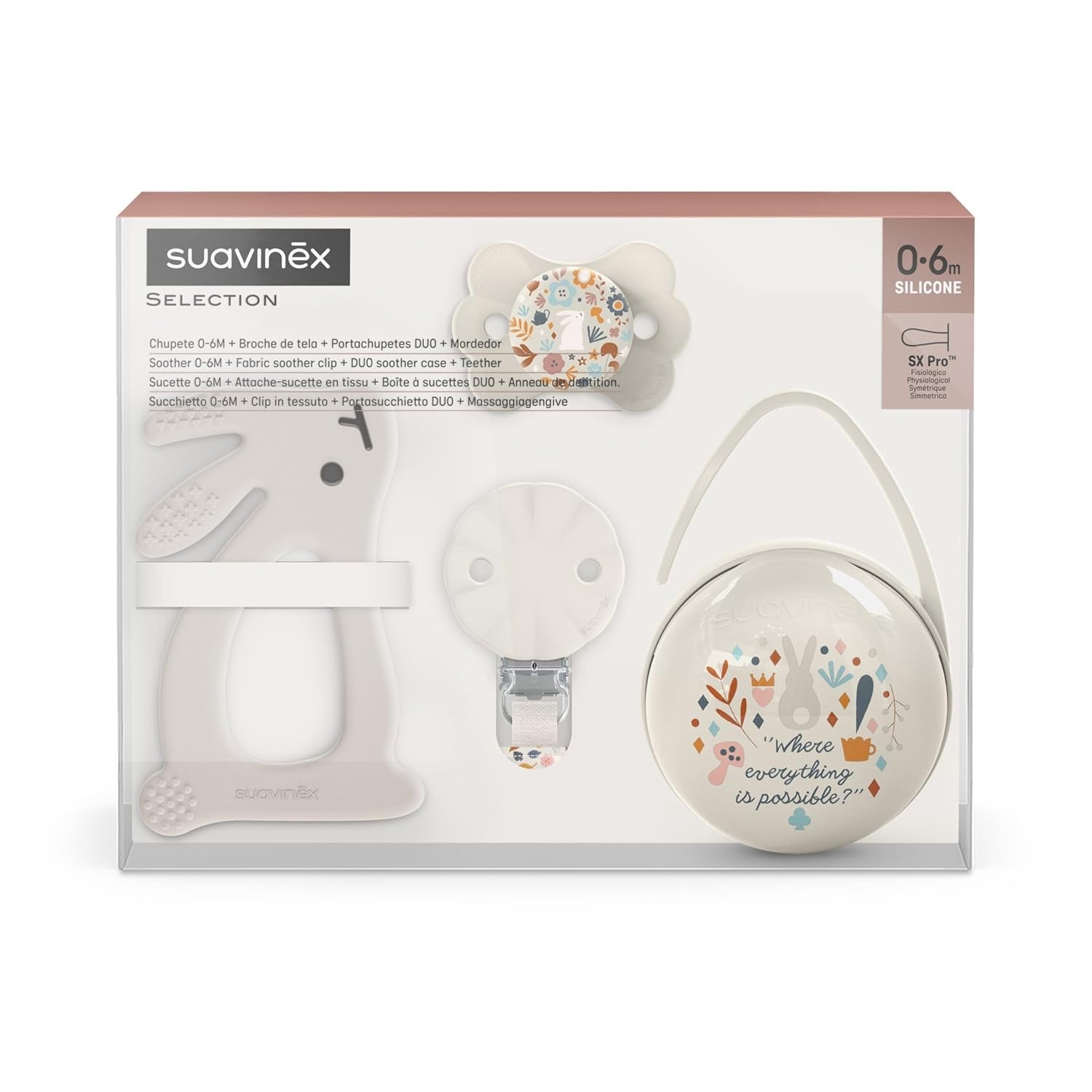 Suavinex cadeauset voor pasgeborenen. 4-delige set bestaande uit: Fysiologische SX Pro fopspeen voor baby's 0-6 maanden + speenhouder + Duo speenhoesje + siliconen bijtring. Wonderland, beige