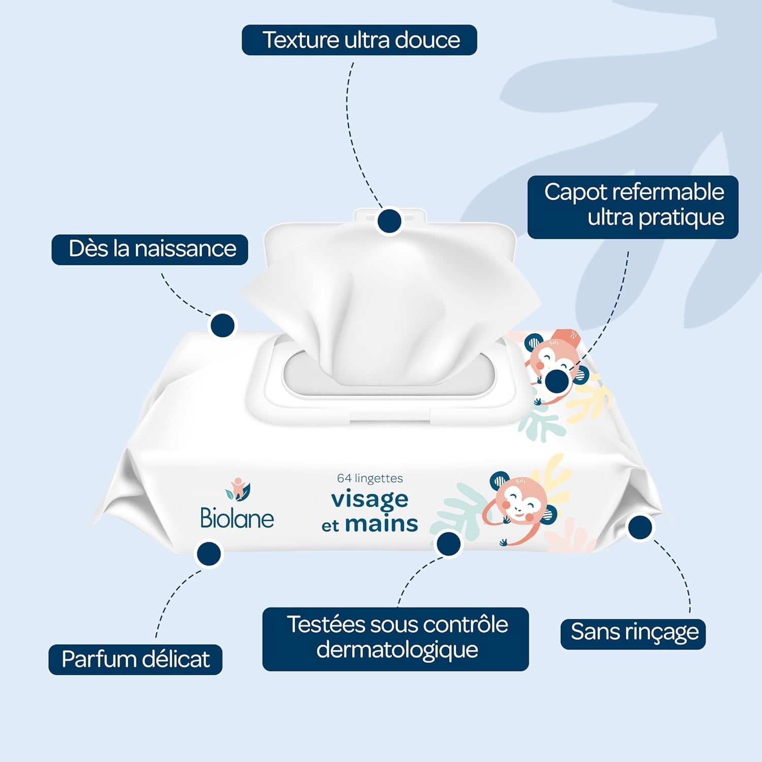 BIOLANE - Natte babydoekjes voor gezicht en handen - 6 stuks - 384 doekjes (6 x 64 cm) - Reinigt en beschermt - Toiletartikelen - Hypoallergeen - Voor de gevoelige huid - 97% natuurlijke ingrediënten - Gemaakt