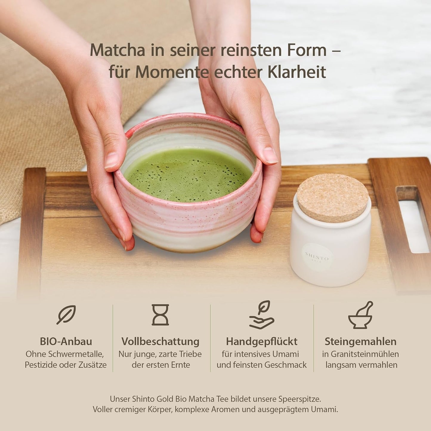 Shinto - "Gouden" biologische Matcha-thee - Groene theepoeder van ceremoniële kwaliteit - JAS & EU BIO gecertificeerd - Schaduwrijk en met de hand geplukt - Directe import uit Uji, Japan - 30g