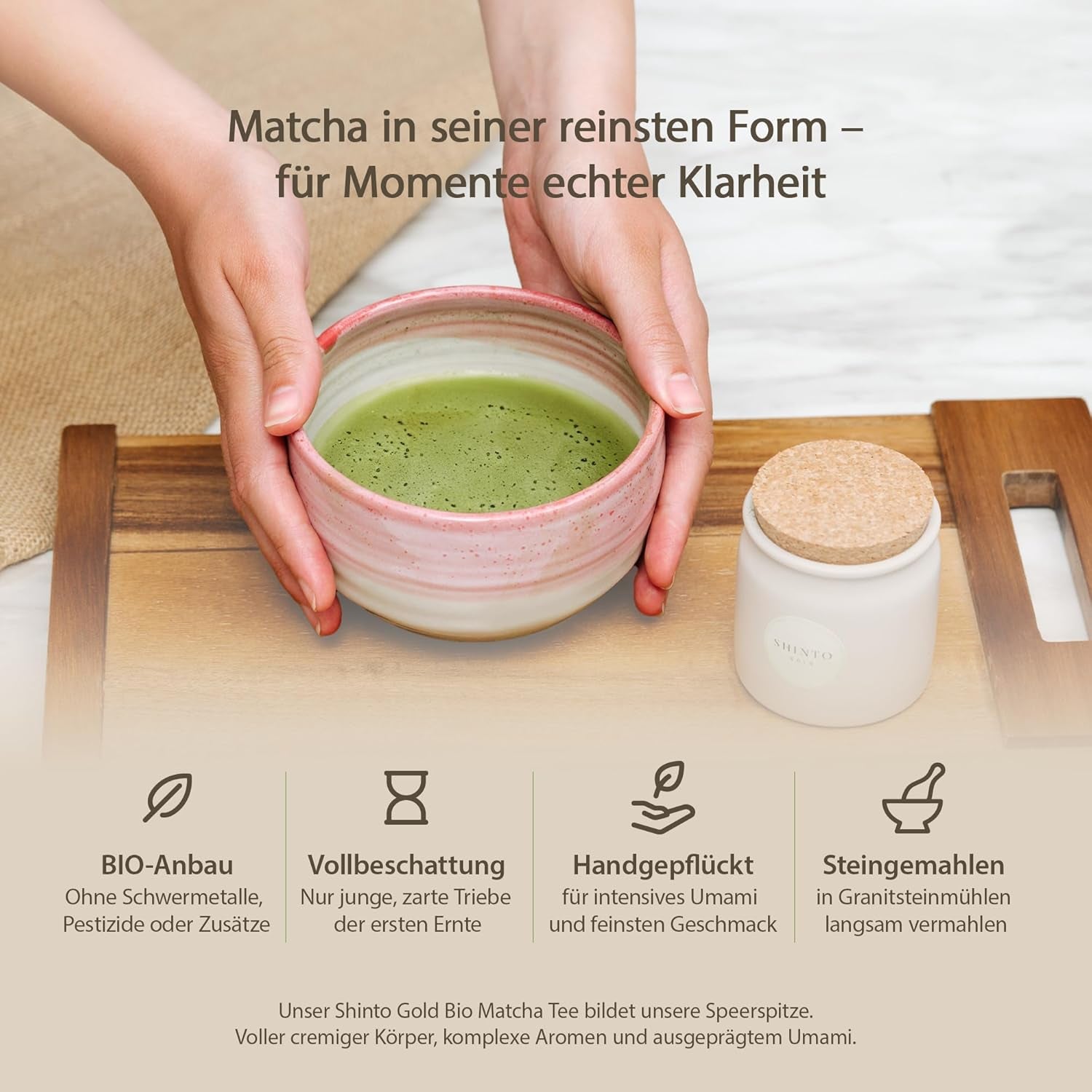 Shinto - "Gouden" biologische Matcha-thee - Groene theepoeder van ceremoniële kwaliteit - JAS & EU BIO gecertificeerd - Schaduwrijk en met de hand geplukt - Directe import uit Uji, Japan - 30g