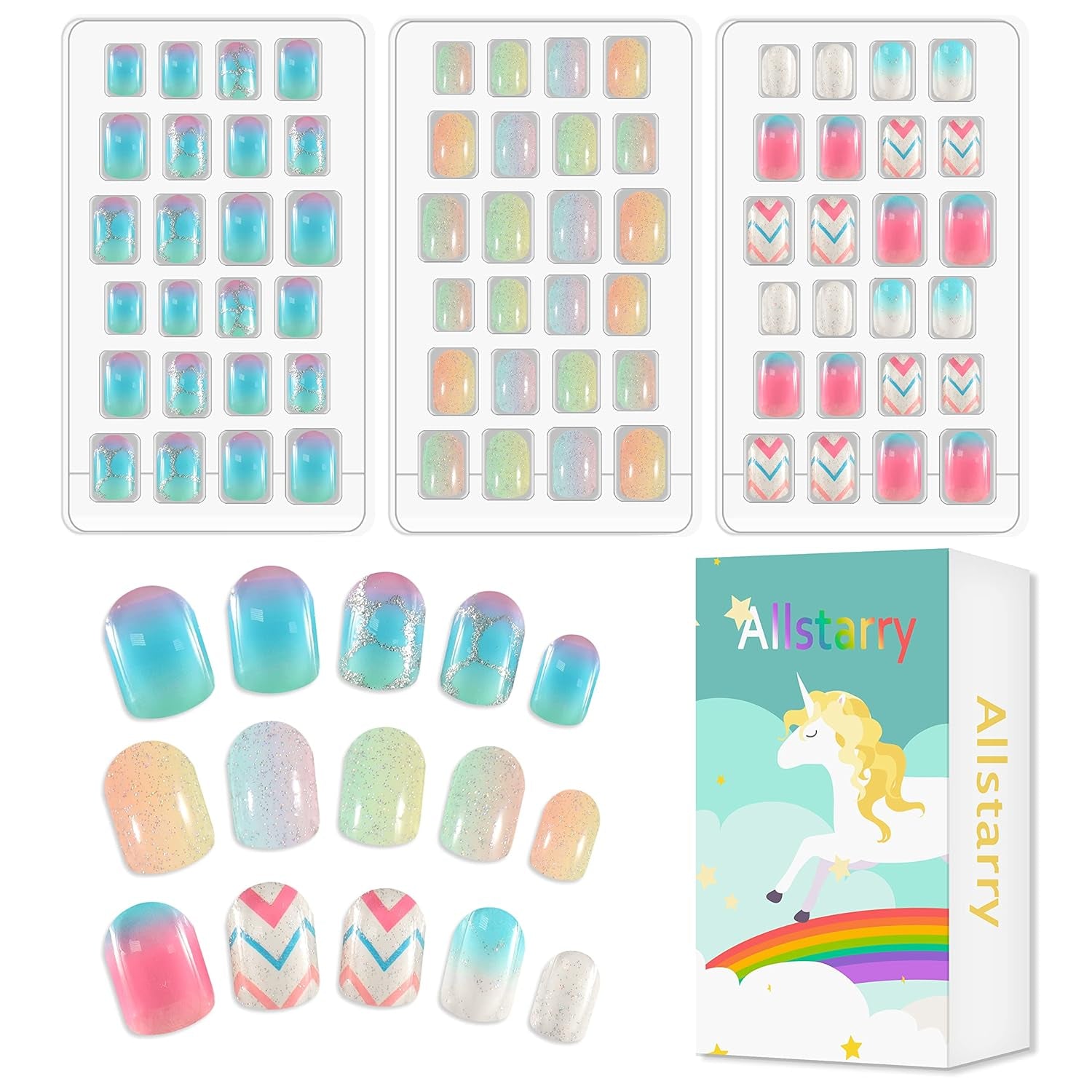 72pcs Voorgelijmde kindernagels Volledige dekking Glitter Kleurverloop Boog Korte kunstnagels Geweldig cadeau voor kinderen Meisjes Nail Art - Regenboogglitter
