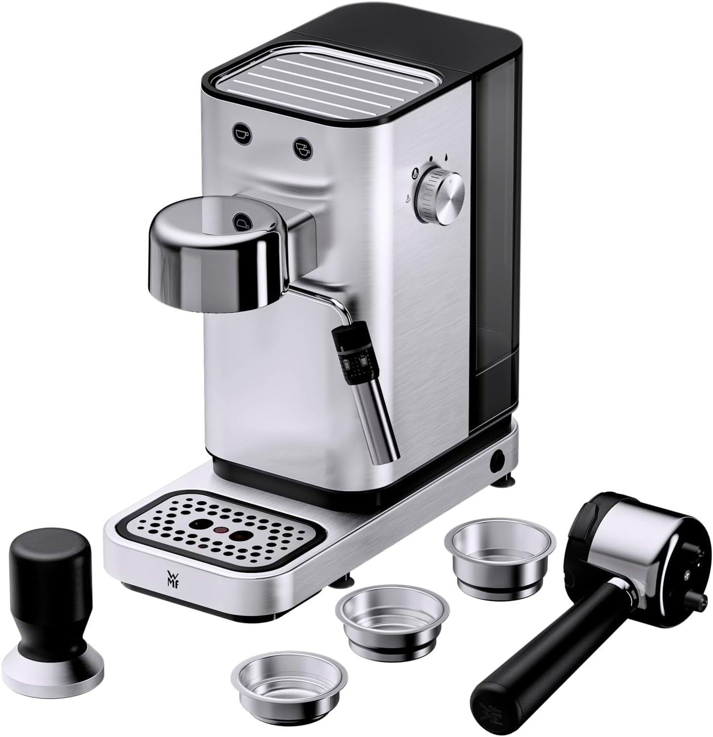 WMF Lumero espressomachine, portafilter, 1400 watt, portafilter, 3 inzetstukken, voor 1-2 espressokopjes, inclusief voor capsules, 15 bar, bekerhouder, melkopschuimer, mat roestvrij staal