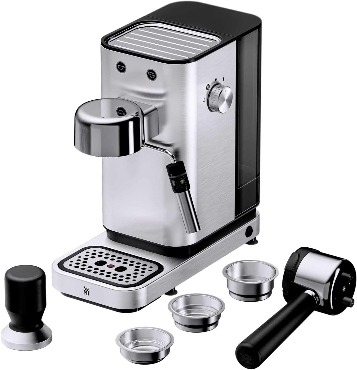 WMF Lumero espressomachine, portafilter, 1400 watt, portafilter, 3 inzetstukken, voor 1-2 espressokopjes, inclusief voor capsules, 15 bar, bekerhouder, melkopschuimer, mat roestvrij staal