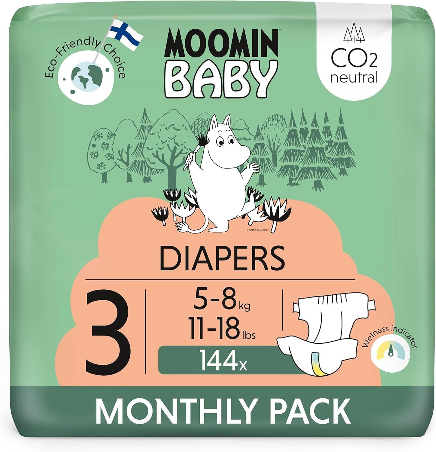 Moomin Baby Eco-luiers, maat 3, 5-8 kg, 48 stuks, premium zachte luiers | Zacht en huidvriendelijk, ademend, absorberend, geen onnodige chemicaliën |