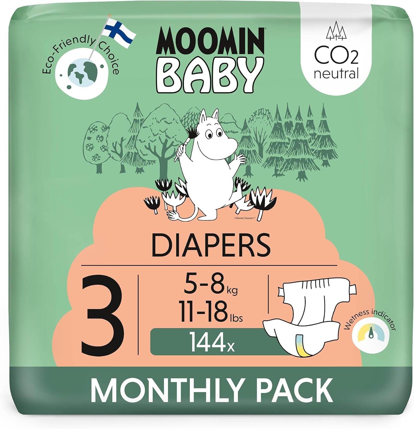 Moomin Baby Eco-luiers, maat 3, 5-8 kg, 48 stuks, premium zachte luiers | Zacht en huidvriendelijk, ademend, absorberend, geen onnodige chemicaliën |