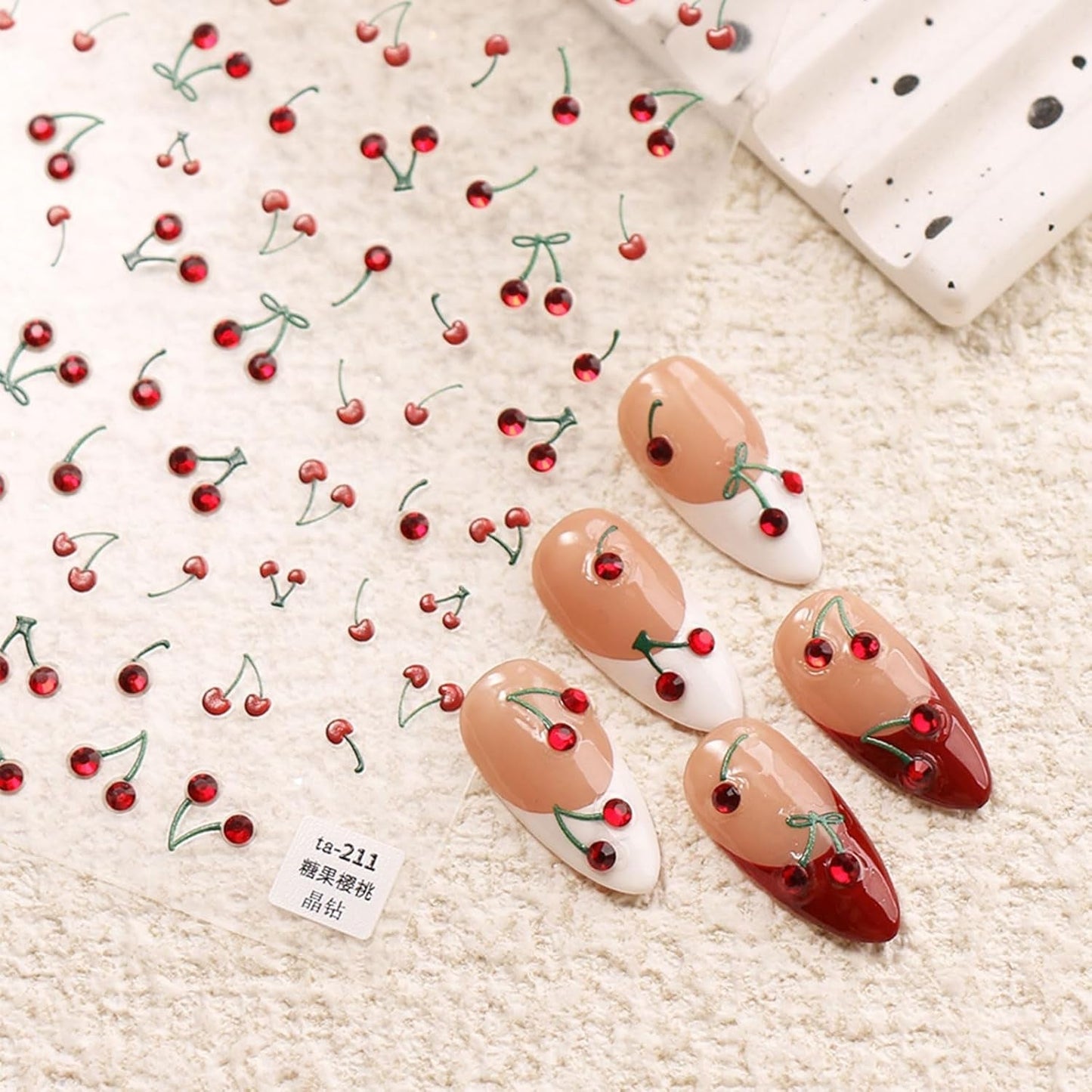 JMEOWIO 3D Nagelsticker Kirsche Nail Art Sticker Selbstklebend Nagelaufkleber 5D Stereoskopische Decoratie Nageldesign Zubehör 1 Blatt