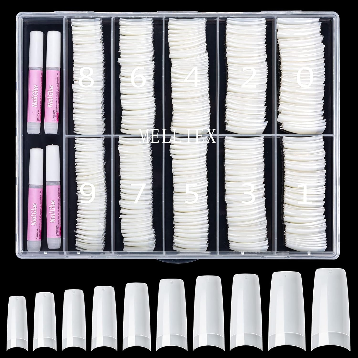 500 stuks Franse kunstnageltips Acryl valse nageltips Set Nagelverlengingen Nageltips Valse nagelaccessoires met 4 stuks nageldesignlijm Gelnagels Natuurlijk