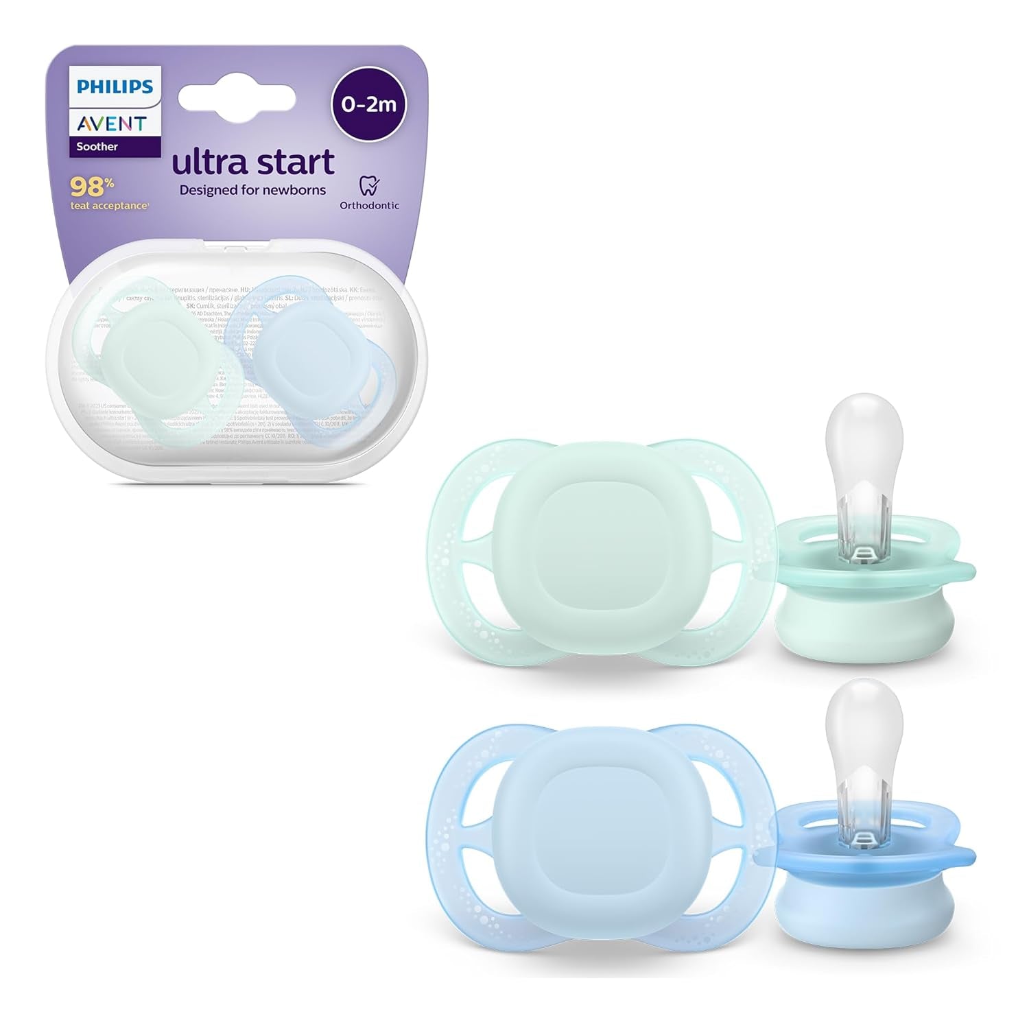 Philips AVENT Ultra Start Nachtfopspeen, orthodontische fopspeen voor pasgeborenen, Glow in the Dark, BPA-vrij, met sterilisatiecontainer, Twin Pack, Maan, Ster, SCF075/07