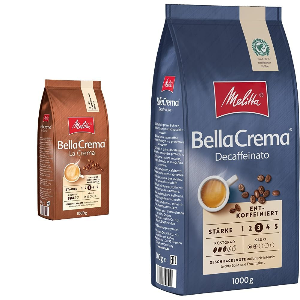 Melitta BellaCrema La Crema koffiebonen 1kg en BellaCrema Decaffeinato cafeïnevrije koffiebonen 1kg