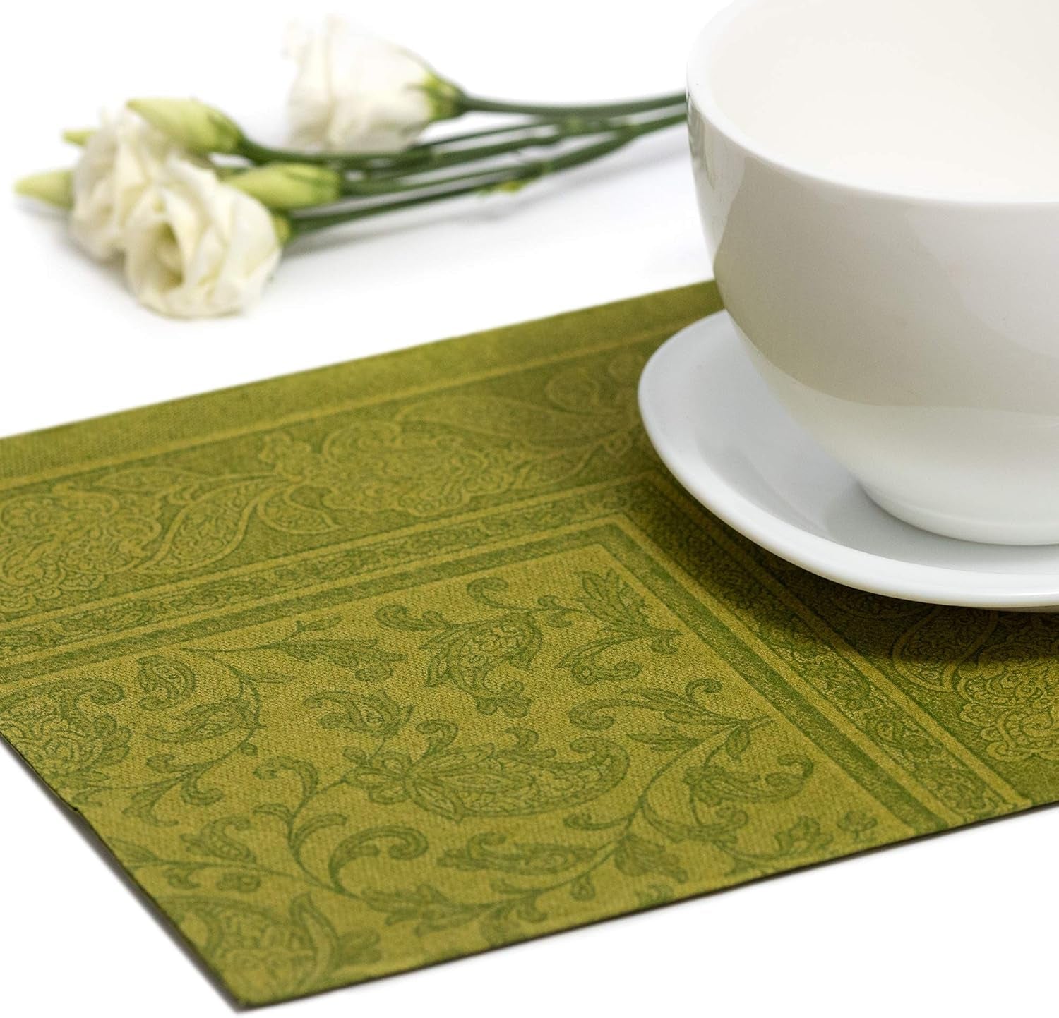 Papstar, 50 servetten "ROYAL Collection" 1/4 vouw 40 Cm X 40 Cm olijfgroen "Ornamenten", #81746