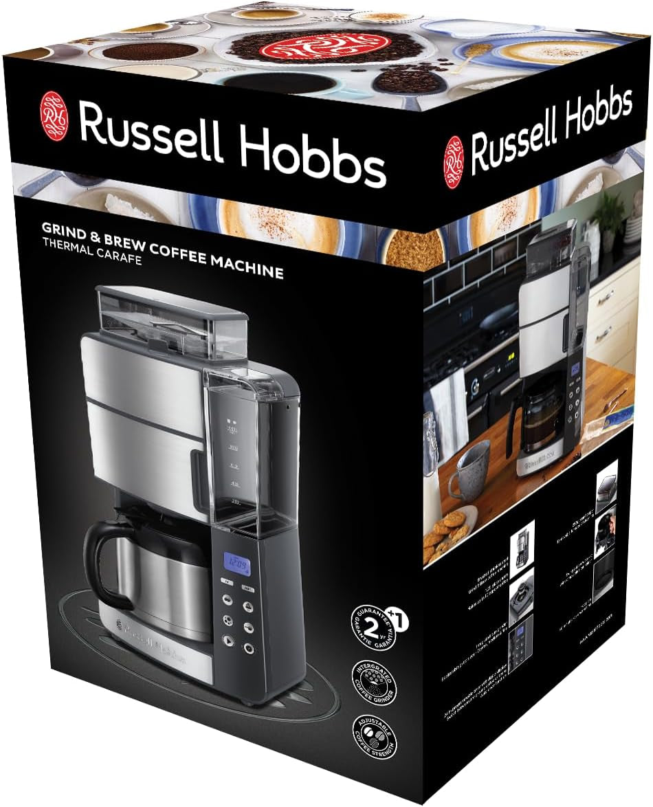 Russell Hobbs koffiezetapparaat met molen en thermische karaf [digitale timer, douchekop voor optimale extractie en aroma] Grind&Brew (1-10 kopjes, 3 maalinstellingen) Filterkoffiezetapparaat 25620-56