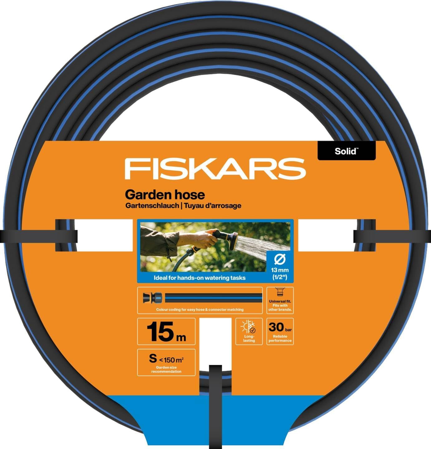 Fiskars S tuinslang, massief, waterslang voor handmatige besproeiing, 13 mm (1/2"), lengte: 15 m, universele aansluiting, UV-bescherming, vorstbescherming, torsiebestendig, blauw, 1076049