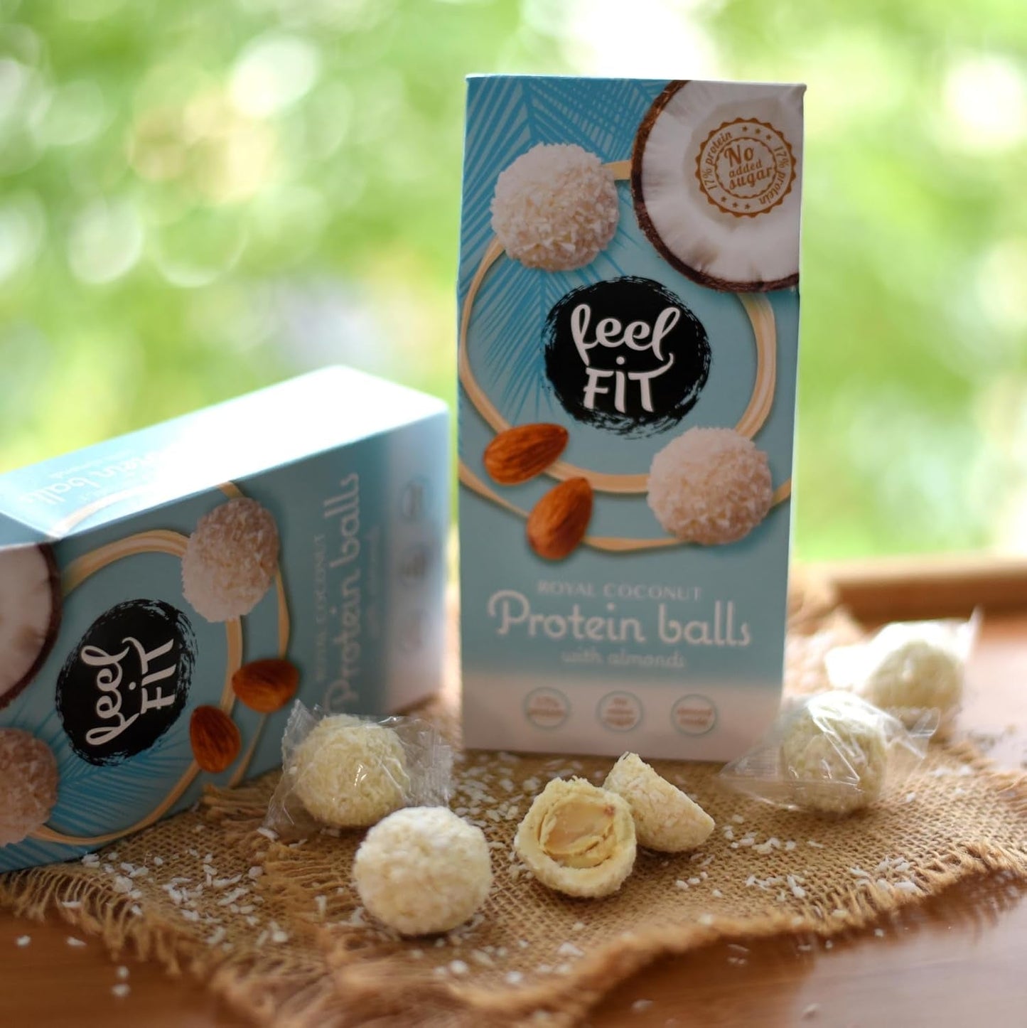 Suikervrije kokospralines met amandelen, feel FIT, geen toegevoegde suikers, 17% eiwit, 63 g