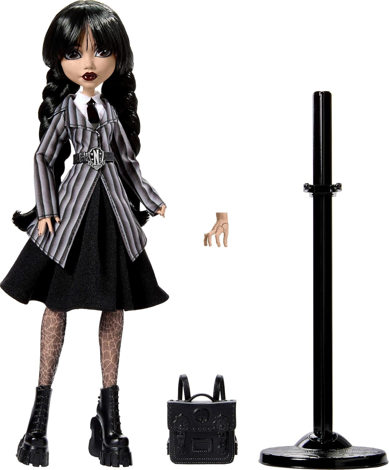 Monster High Wednesday Puppe en Accessoires, Wednesday Addams Sammelfigur in Nevermore Academy Uniform met Eiskaltem Handen en Rugzak, Puppenstandaard, HXJ04