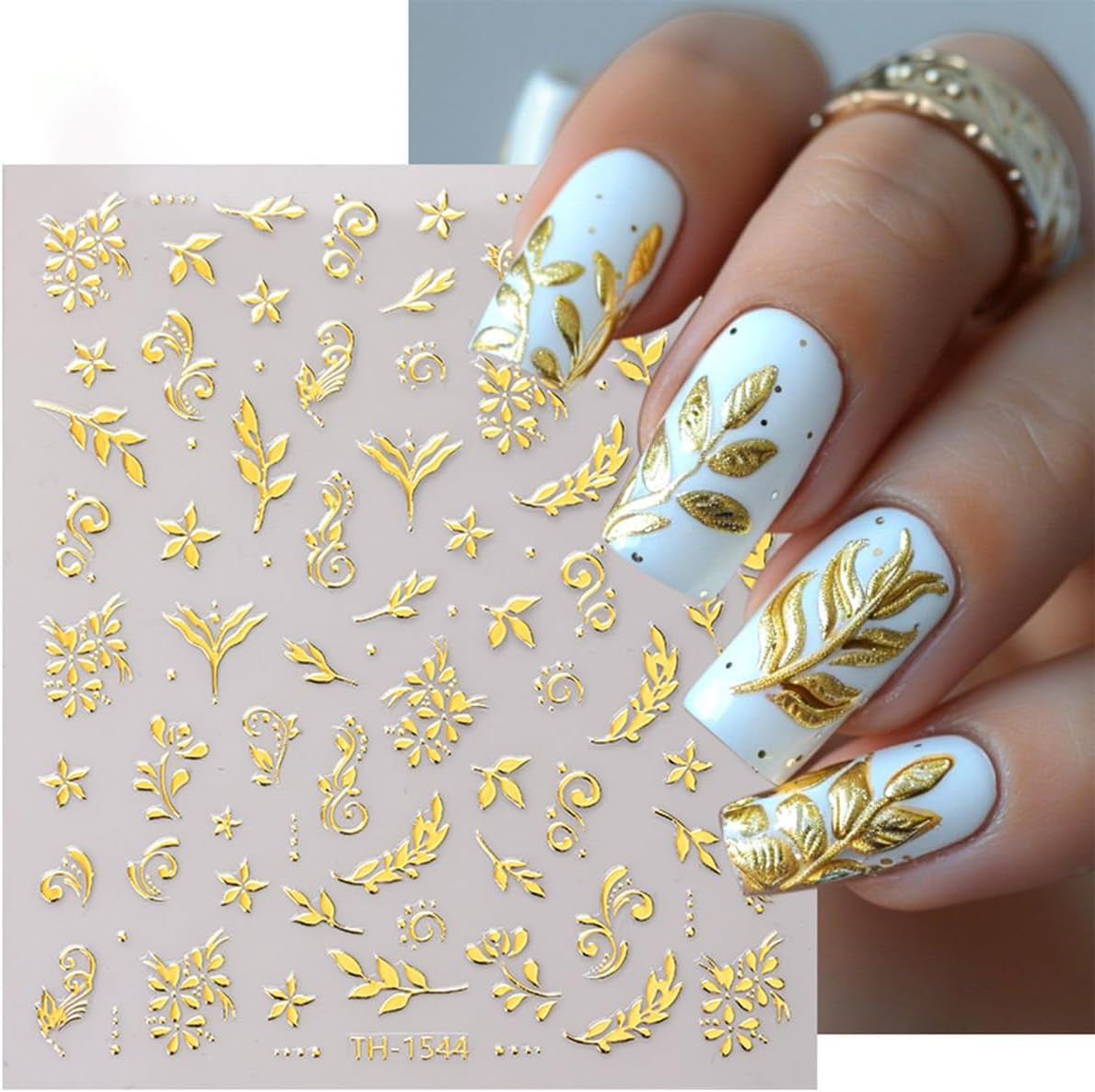 JMEOWIO Nagelsticker Goldene Blumen 8 Blatt Nail Art Sticker Selbstklebend Nagelaufkleber Decoratie Nageldesign Zubehör