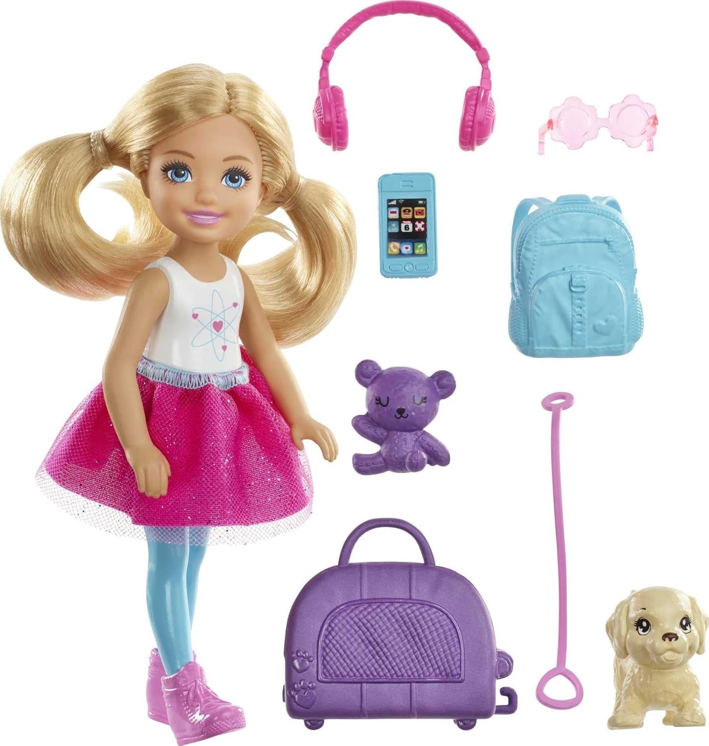 Barbie speelgoed Chelsea pop en accessoires hondenreisset 6-delig inclusief hondenstandaard HJY17 Naty Shop Dolls Chelsea hondenpop