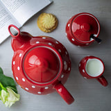 City to Cottage® - Groot theeservies | Rood en Wit | Punten | Handgemaakt | Keramieken theepot 1,7 liter, melkkannetje, suikerpot