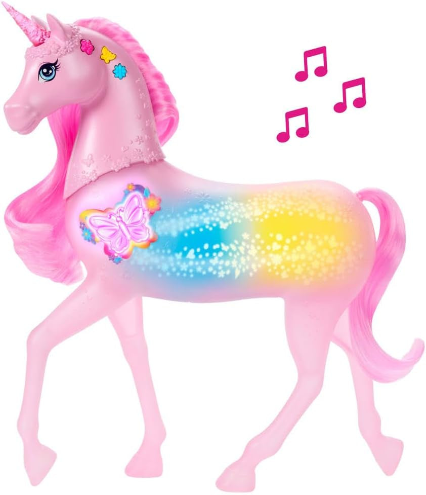 Barbie glow-in-the-dark eenhoorn met 20 interactieve combinaties van licht-, geluids- en muziekeffecten voor spel met drukknoppen en hoofdstreling, JCP78