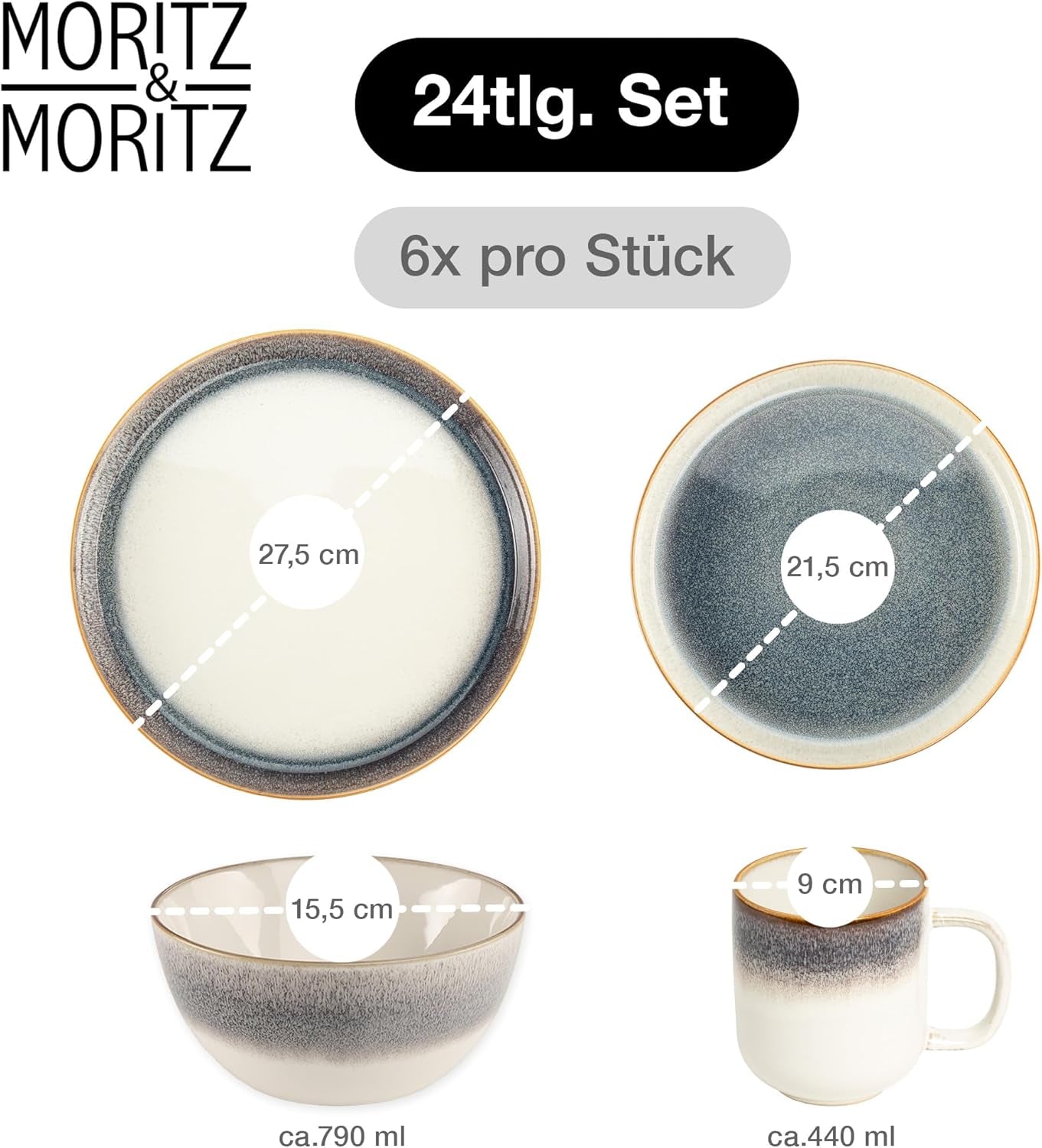 Moritz & Moritz TARENTO 24-delige serviesset voor 6 personen, grijs - Elegante hoogwaardige aardewerken bordenset - De serviesset bestaat uit 6 dinerborden, 6 dessertborden, 6 dinerborden en 6 kopjes