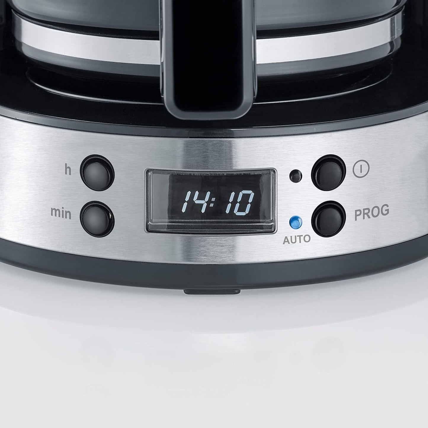 SEVERIN "TypeSwitch" espressomachine met glazen karaf en timer, AromaSwitch voor het kiezen van 2 zetopties, digitale klok met timerfunctie, voor maximaal 10 kopjes, 1000W, geborsteld roestvrij staal-zwart, KA 4826