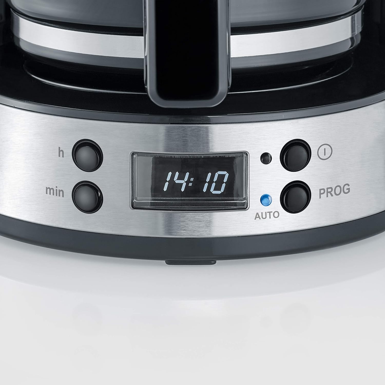 SEVERIN "TypeSwitch" espressomachine met glazen karaf en timer, AromaSwitch voor het kiezen van 2 zetopties, digitale klok met timerfunctie, voor maximaal 10 kopjes, 1000W, geborsteld roestvrij staal-zwart, KA 4826