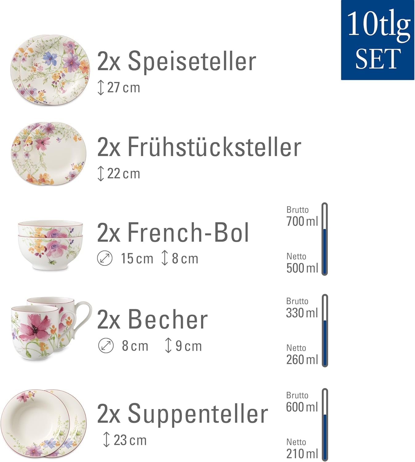 Villeroy & Boch Mariefleur Starterset, Diverse Kleuren, Vaatwasmachinebestendig, Magnetronbestendig, Serviesset voor 2 personen, Bloemenserviesset, Serviesgoed, Combinatieset, Premium Porselein