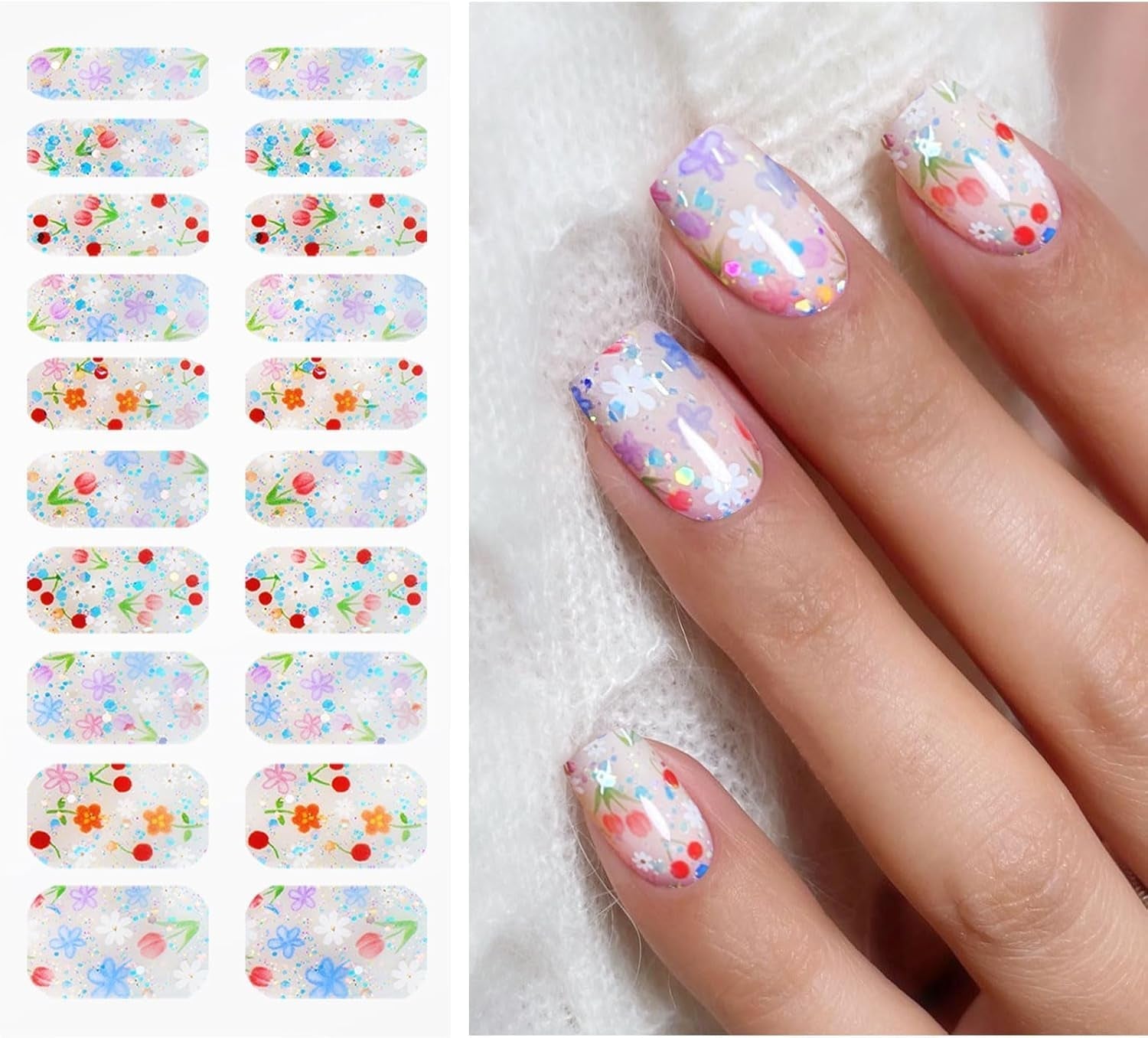 JMEOWIO Nagelfolie UV Hartend Bunter Blumenglitzer UV Gel Nail Strips Nagelsticker Nagelaufkleber Nail Art Decoratie Nageldesign Zubehör