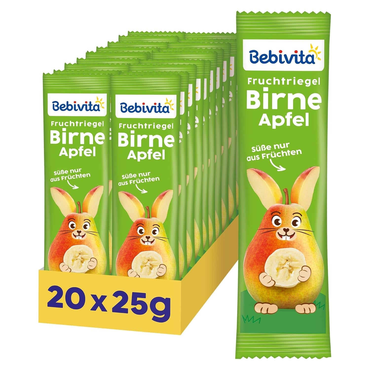 Peren-appelfruitrepen (20 x 25 g), alleen gezoet met fruit, perfecte snack tussen de maaltijden, bereid met strikt gecontroleerde en geselecteerde ingrediënten.