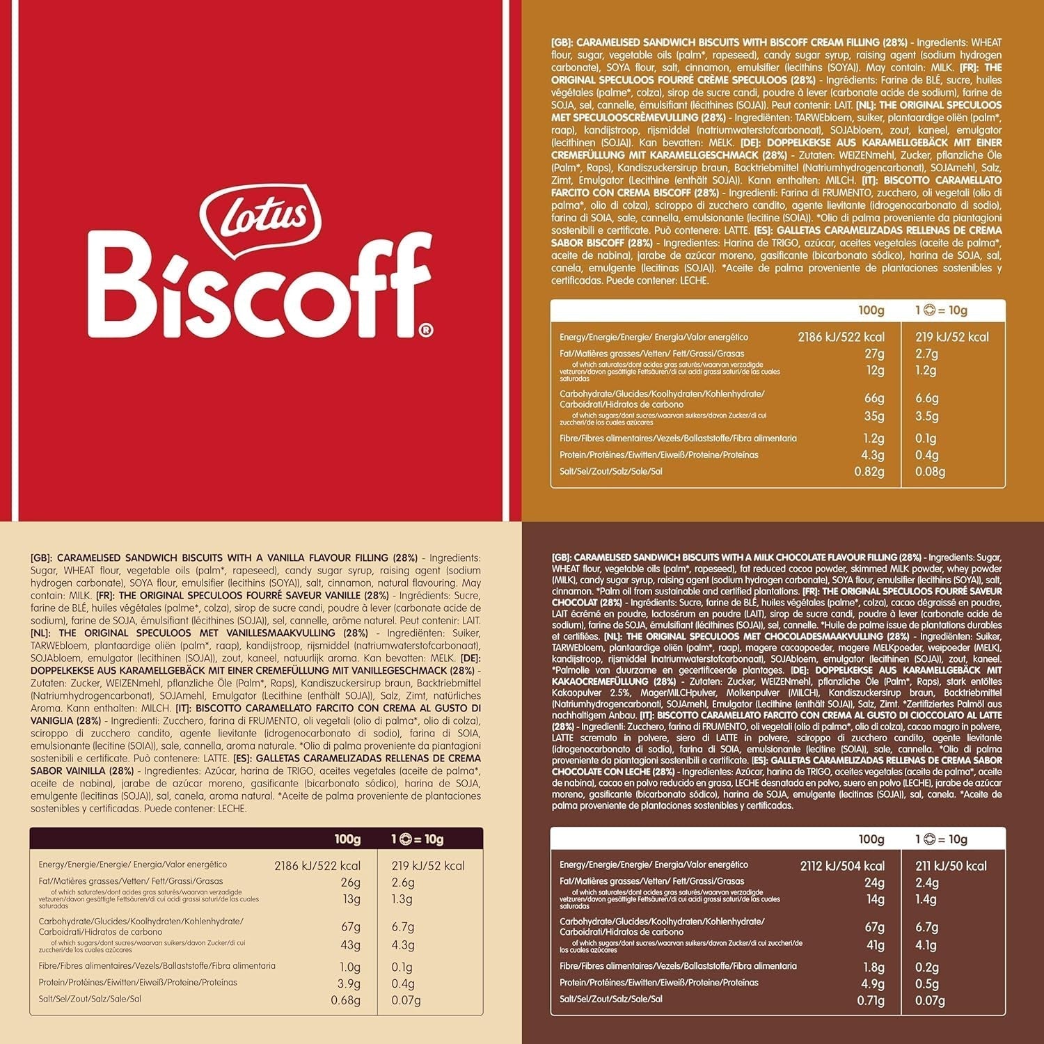 Lotuskoekje | Variatiepakket dubbele koekjes | 3 varianten: Biscoff Cream, Vanille en Chocoladesmaak | 5 dubbele koekjes per pak | Ingrediënten van natuurlijke oorsprong | Geen kleurstoffen | 16 x 50 g | 800g