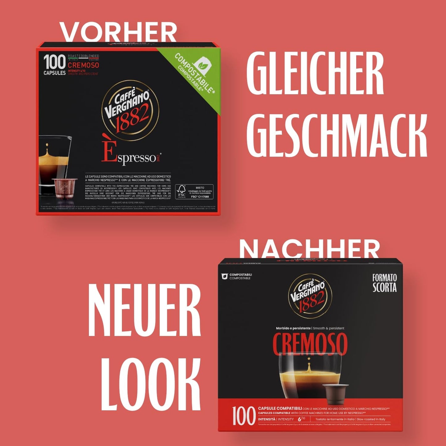 Caffè Vergnano 1882 - Èspresso Composteerbaar Kaffeekapseln, compatibel met Nespresso, Cremoso (romig) - Packung Enthält 100 Kapseln